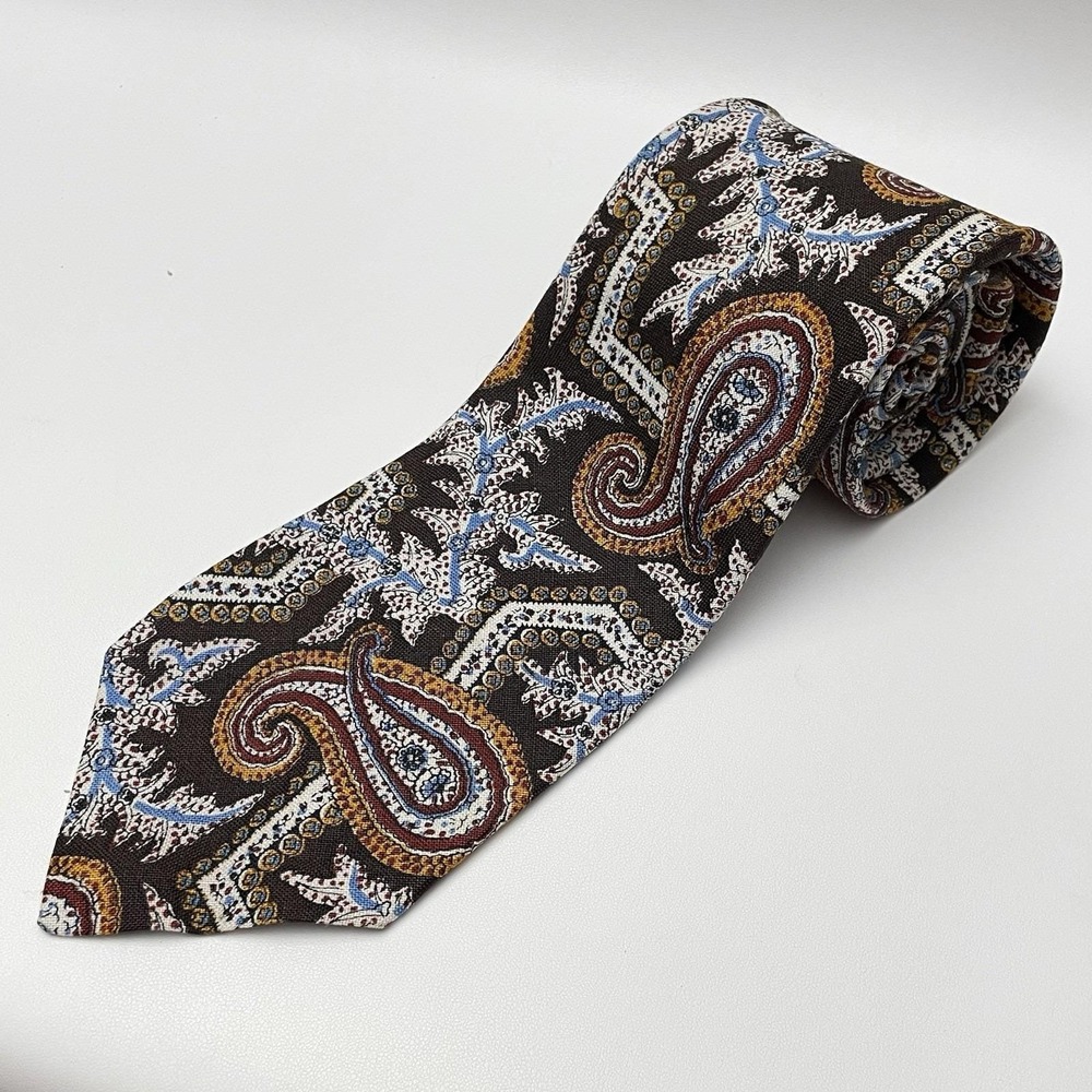 Vintage Ruffler By Rooster Paisley Pattern Tie‎ 4" X 58" 100% Linen Brown Blue